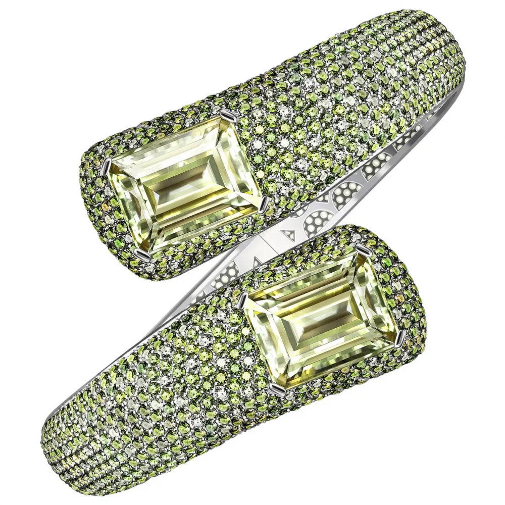 24 Carat Green Amethyst Peridot White Topaz 14 Karat White Gold Cuff Bracelet