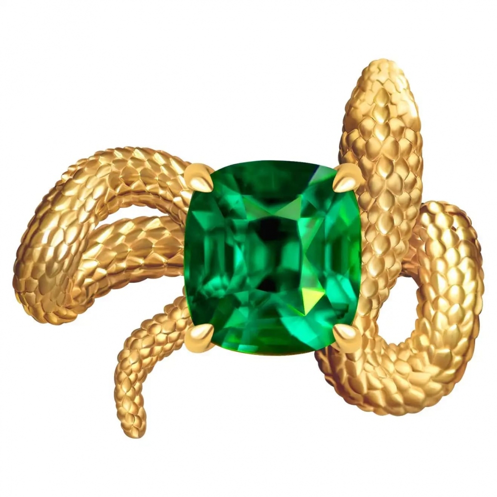2,54 Carat Vivid Green Tsavorite 18 Karat Yellow Gold Serpent Ring by D&A - 17408
