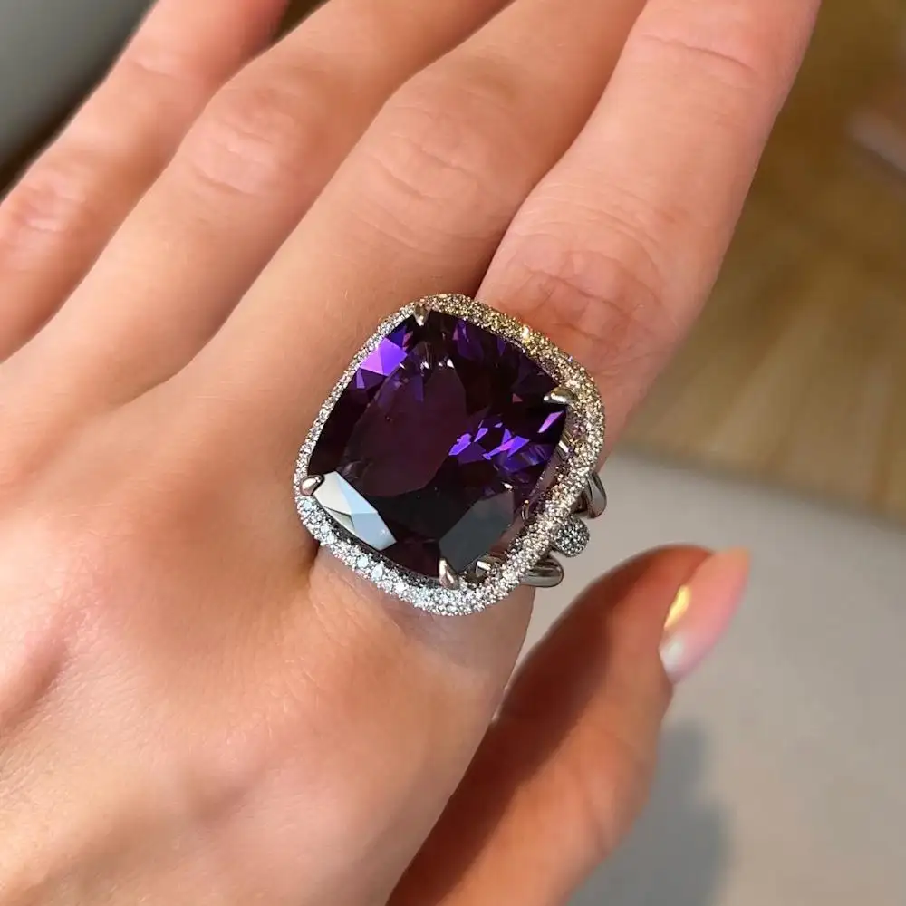 25 Carat Brazilian Purple Amethyst Diamonds 18 Karat White Gold Cocktail Ring