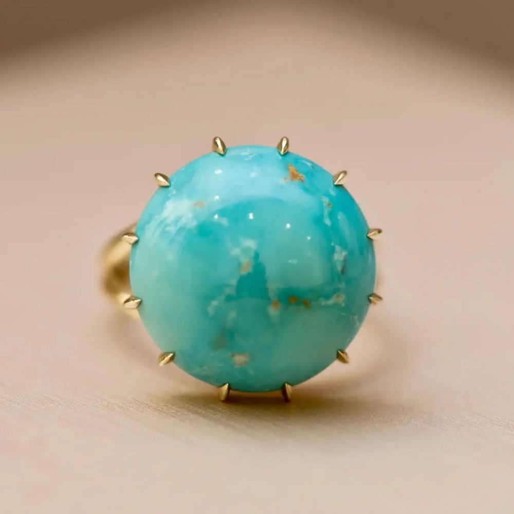Natural Round Blue Turquoise 18 Carat Yellow Gold 14 Karat Ring