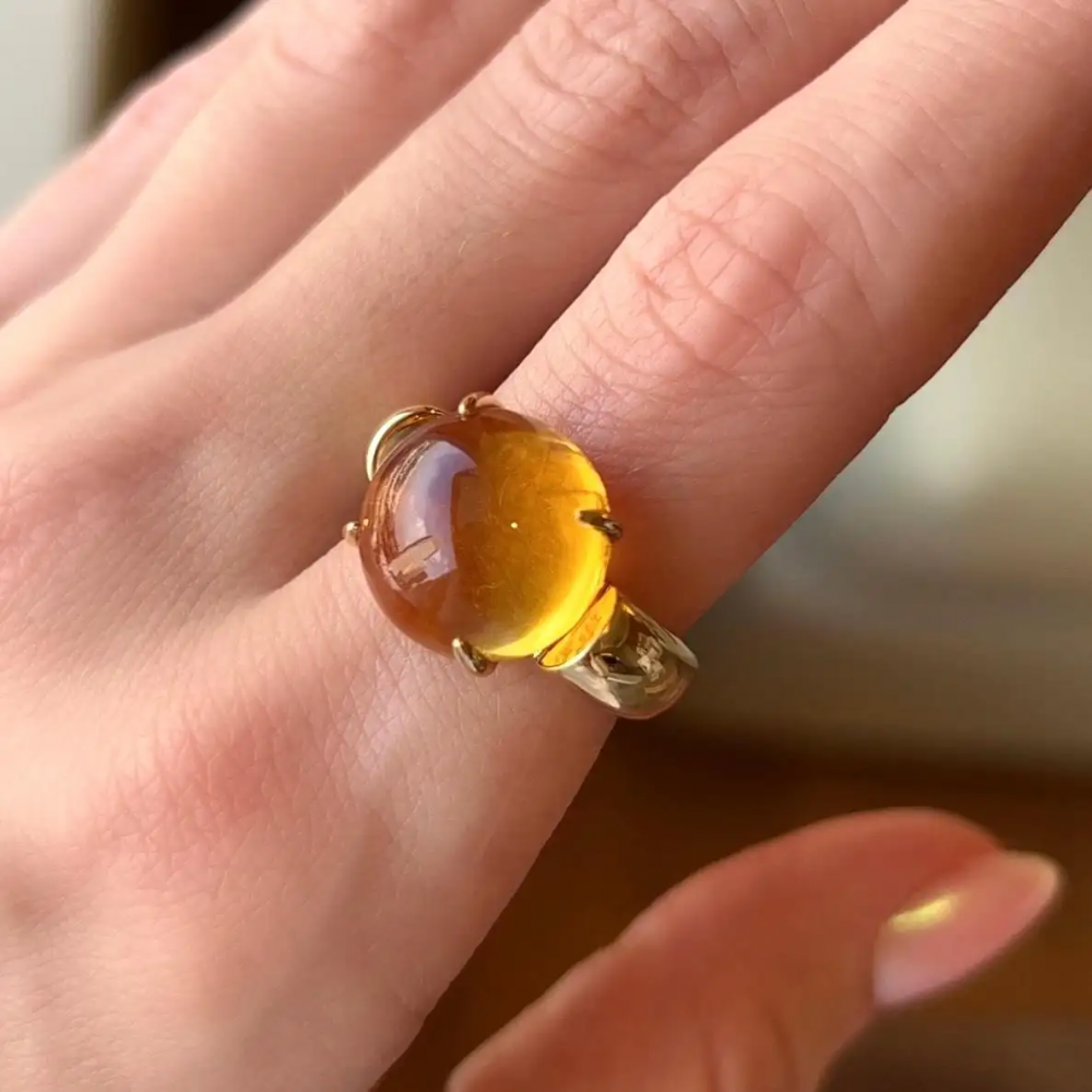 10 Carat Citrine Cabochon 18 Karat Yellow Gold Ring by D&A
