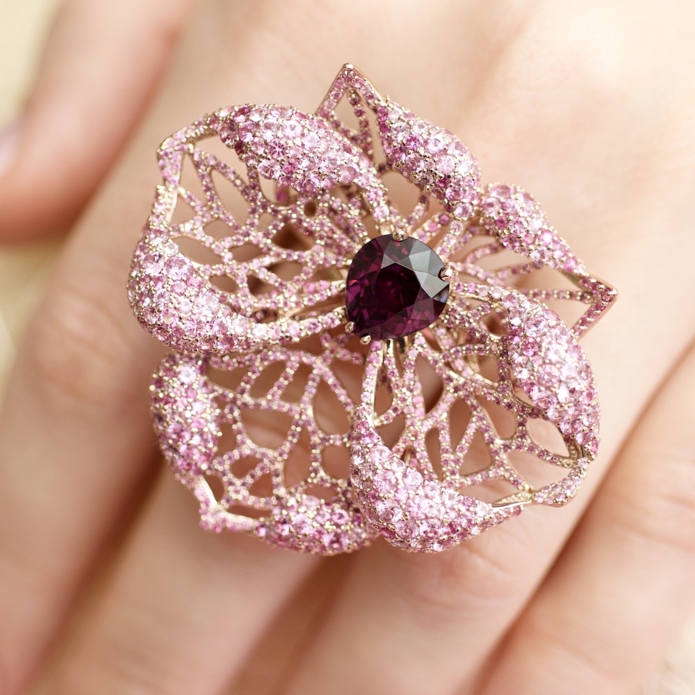 Purple Spinel Pink Sapphire Rose Gold Flower Cocktail Ring