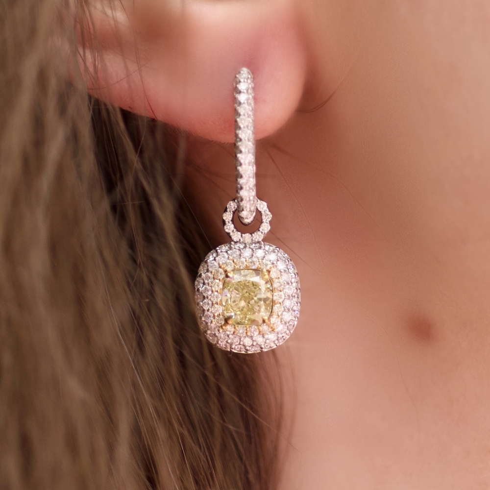 Fancy Yellow Diamond and White Diamonds White Gold Earrings