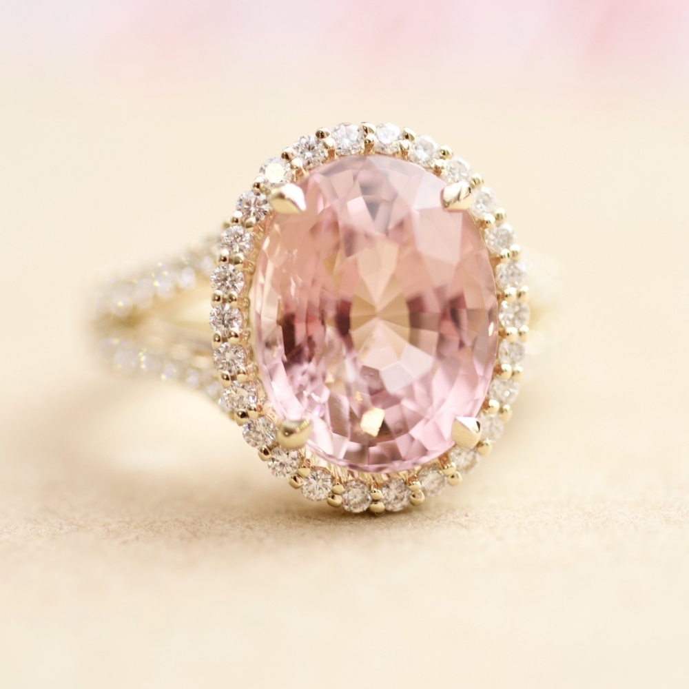 Peach-Pink Tourmaline and Diamonds Yellow Gold Ring