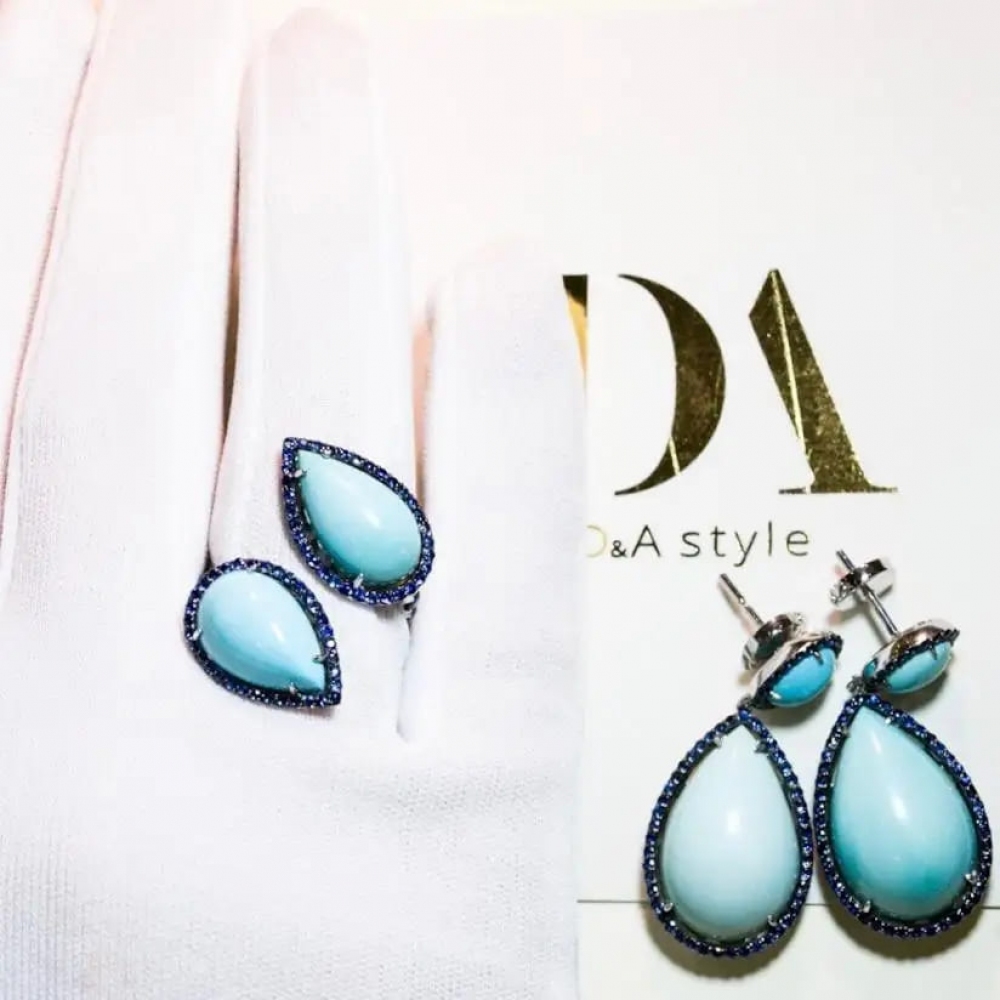 30 Carat Armenian Vivid Blue Turquoise Sapphire 14 Karat White Gold Earrings