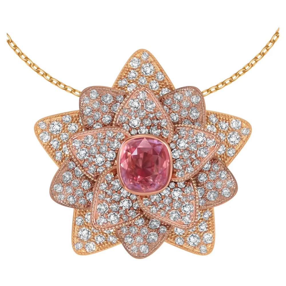 3,3 Carat Padparadscha Sapphire Diamonds 18 Karat Rose Gold Lotus Pendant by D&A