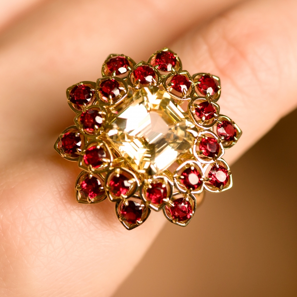 Yellow Sapphire and Red Spinel Yellow Gold Flower Cocktail Ring