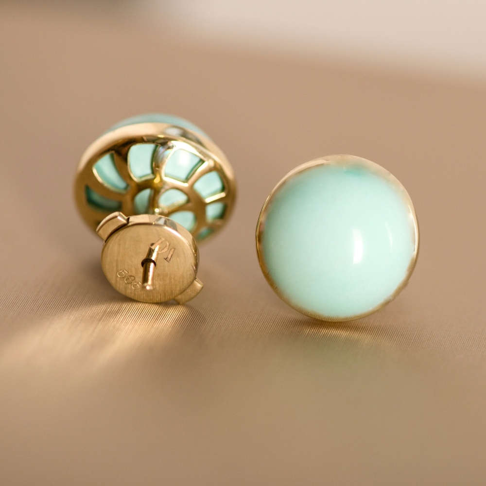Vivid Blue Turquoise Yellow Gold Stud Earrings